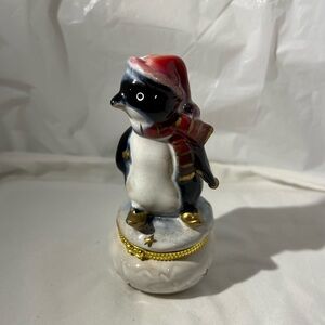 Festive 5 inch Skiing Penguin Hinged Trinket Box